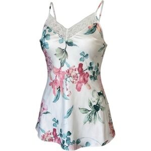 Linea Donatella Satin Floral Cami Lingerie Coquette‎ Lace Tank Top Womens M